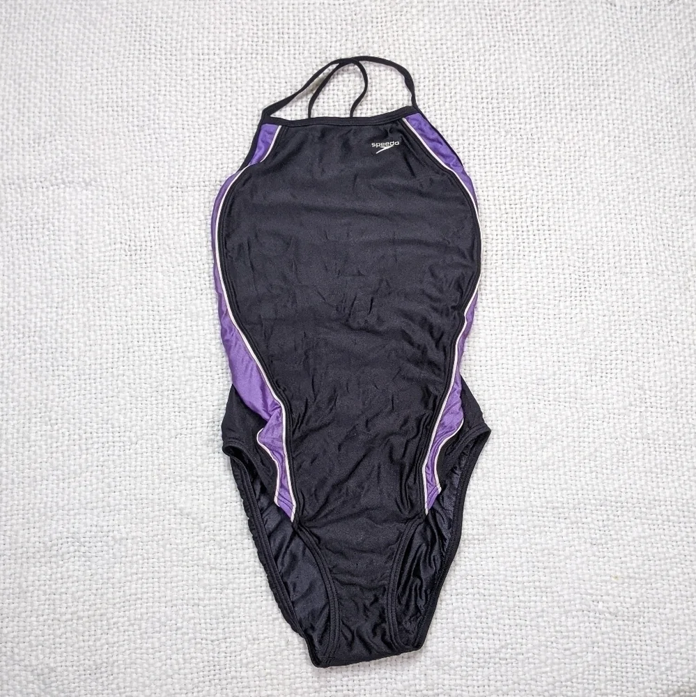 Speedo Rapid Splice Black and Purple Athletic Open Back‎ One Piece *See Measure